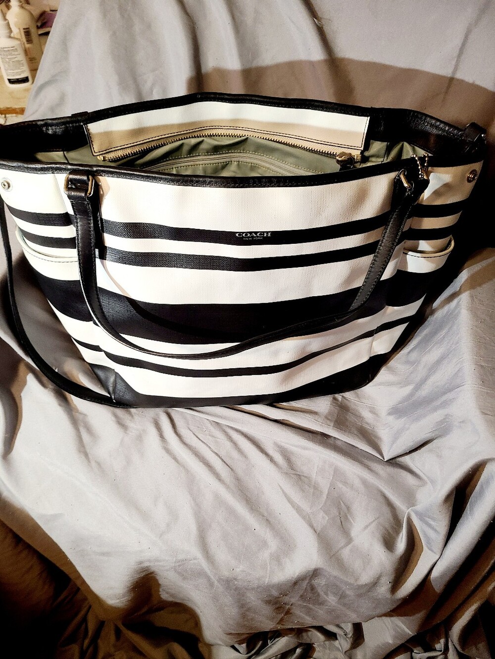Coach Black and White Striped Leather Crossbody Bag